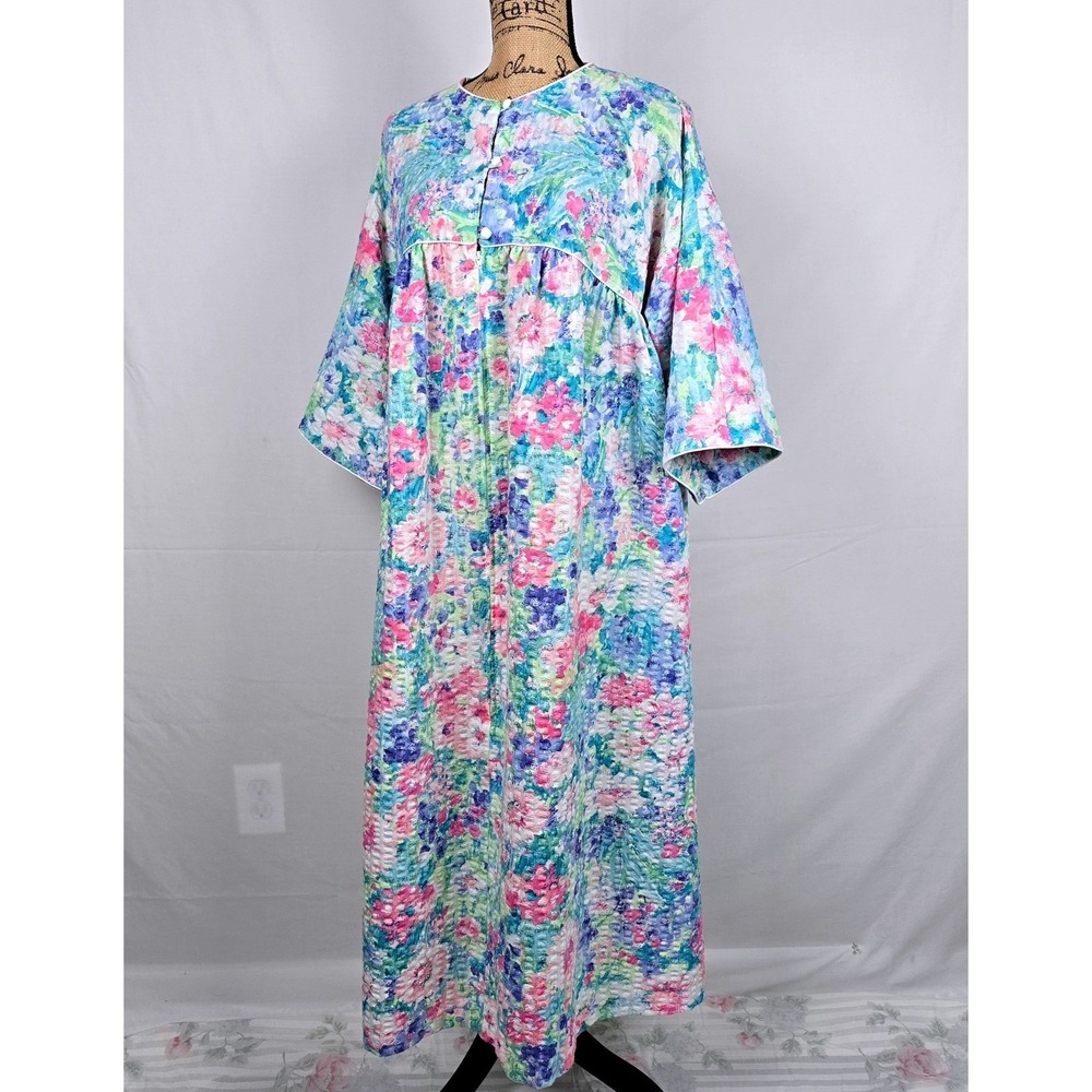 Miss Elaine At Home Floral Seersucker Housecoat Duster Robe Zip Large Blue Pink - Picture 8 of 14